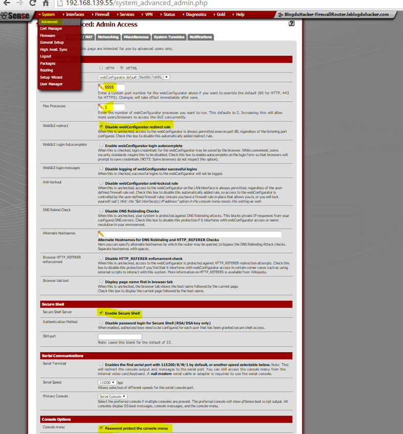 Capture Admin Acces WebGUI Port max process protect console menu