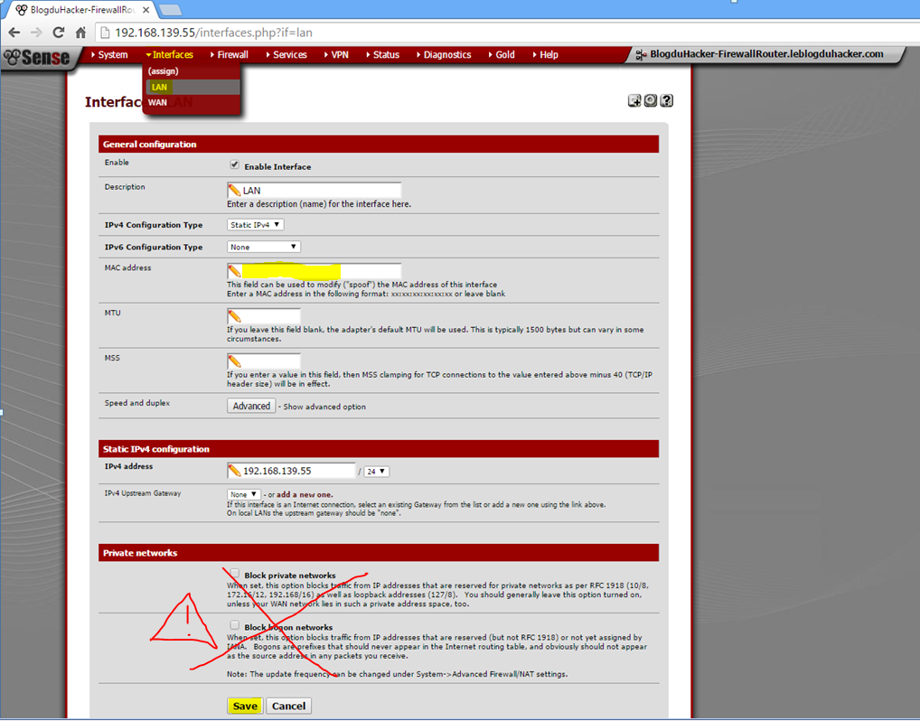 Capture Modif pour souder Adress MAC interface LAN sur WebGUI PFSENSE