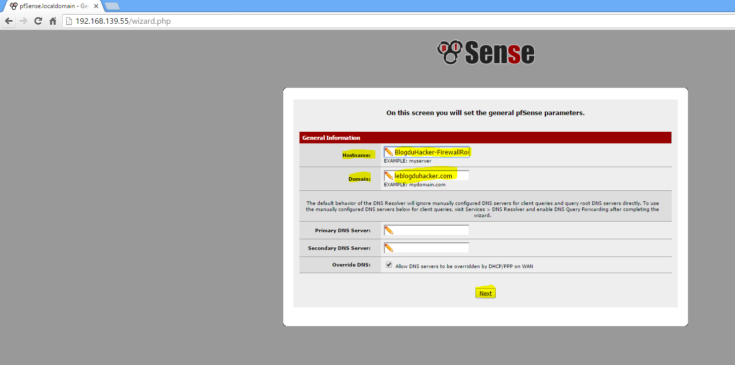 Capture Saisie Hostname et Domain Config Admin RouterFirewall via Web