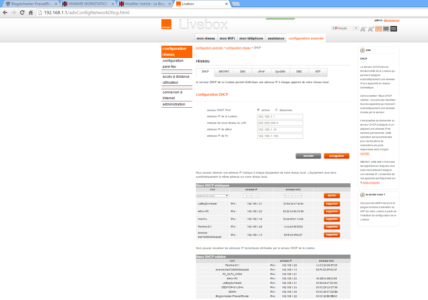 Capture admin Livebox ip dhc et static OK