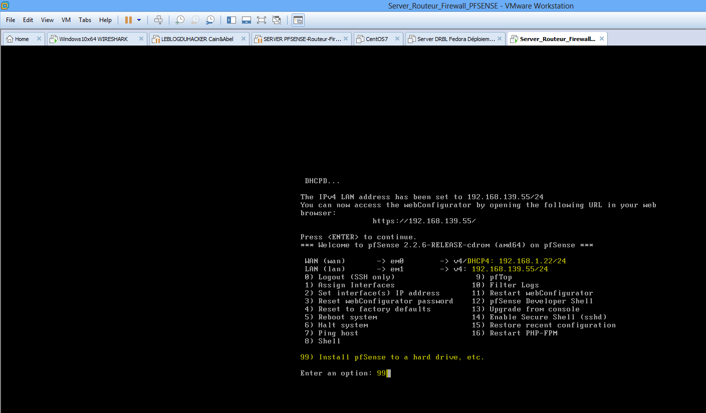 Capture fin config server PFSENSE option 99 pour installer PFSENSE sur un Disk Dur