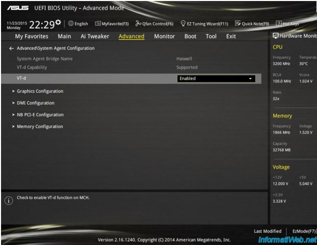 Ecran Bios Virtualization Intel VT-d