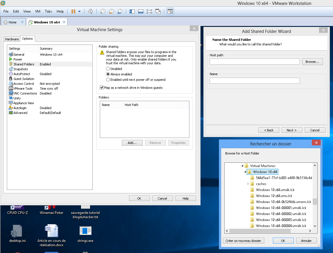 Ecran VM Settings Options Shared Folders Map lecteur réseau iso WINDOWS 10 OK