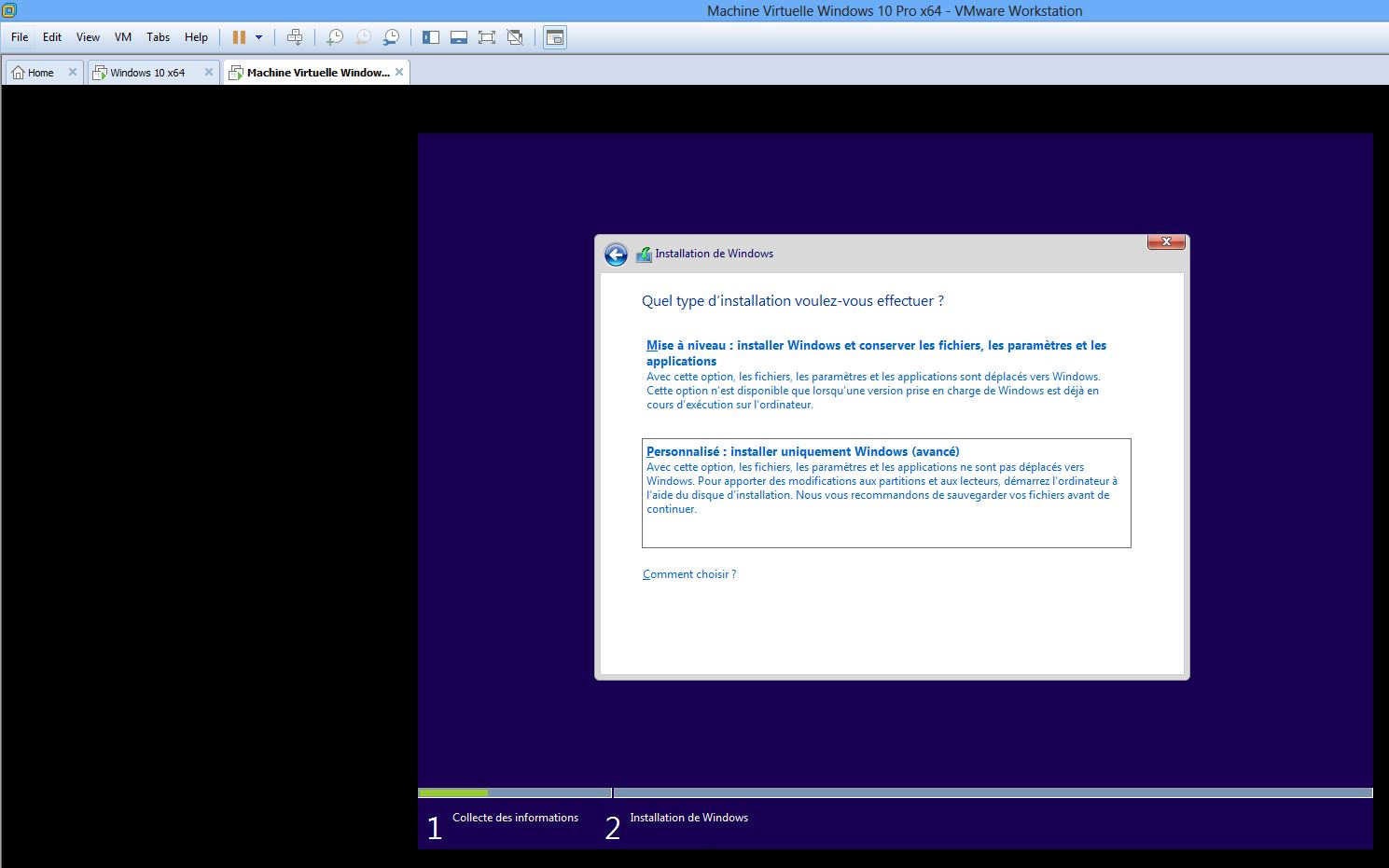 Ecran installation personnalisée Windows 10 Pro x64