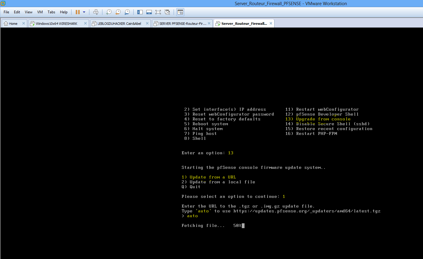 Mise à jour firmware PFSENSE via console admin
