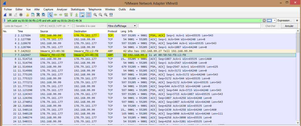 Image 35 échanges paquets Wireshark entre VMWARE sur VMNet8 et IP 192.168.99.99 nattée Tails
