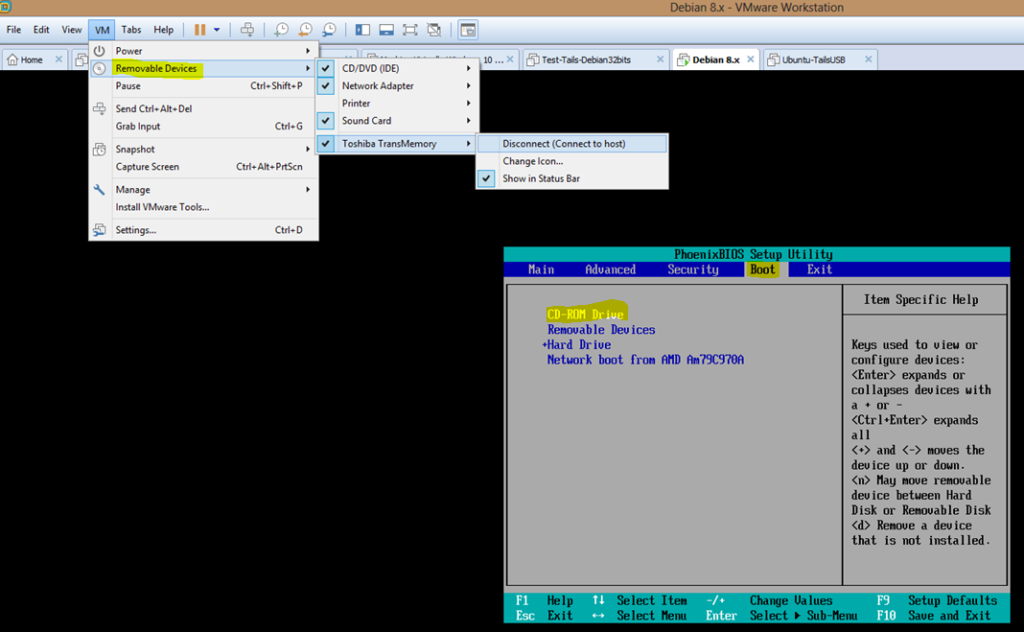 Image 4 config VMWARE Boot Bios CDROM Tails vérif Clé USB TAILS