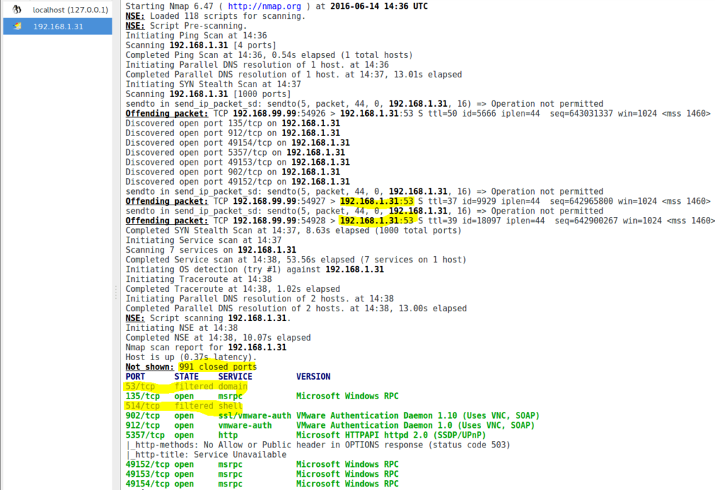 Image 41 2 zenmap sur machine hôte 192.168.1.31 DNS et port 514 TCP filtrés sur Tails